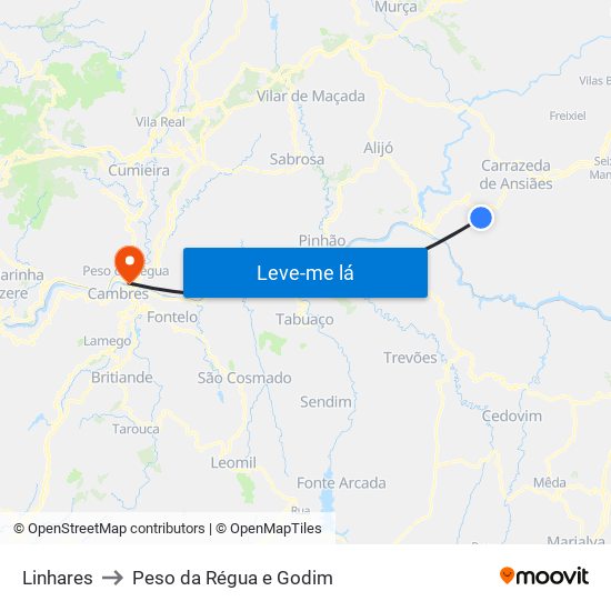 Linhares to Peso da Régua e Godim map