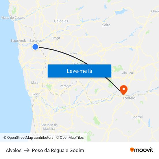 Alvelos to Peso da Régua e Godim map