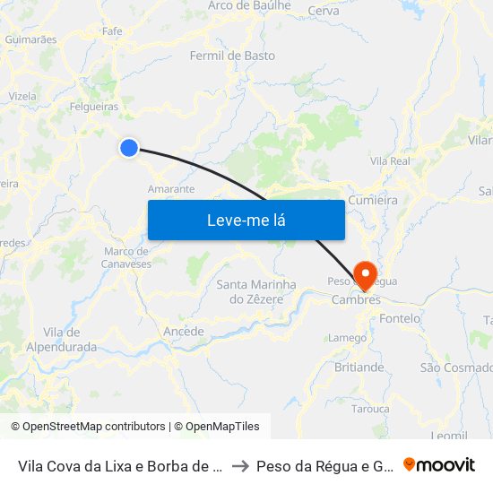 Vila Cova da Lixa e Borba de Godim to Peso da Régua e Godim map