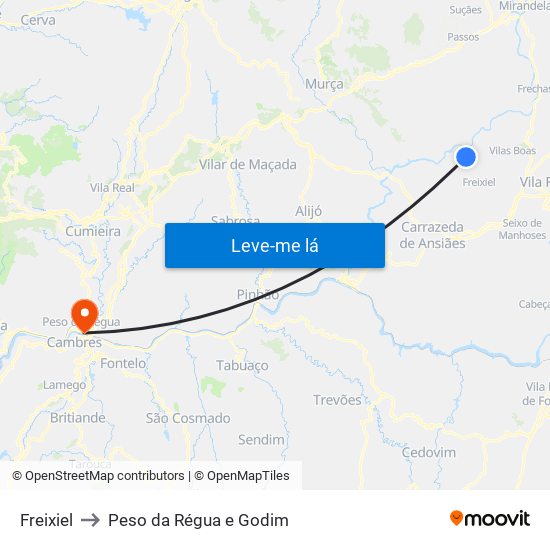 Freixiel to Peso da Régua e Godim map