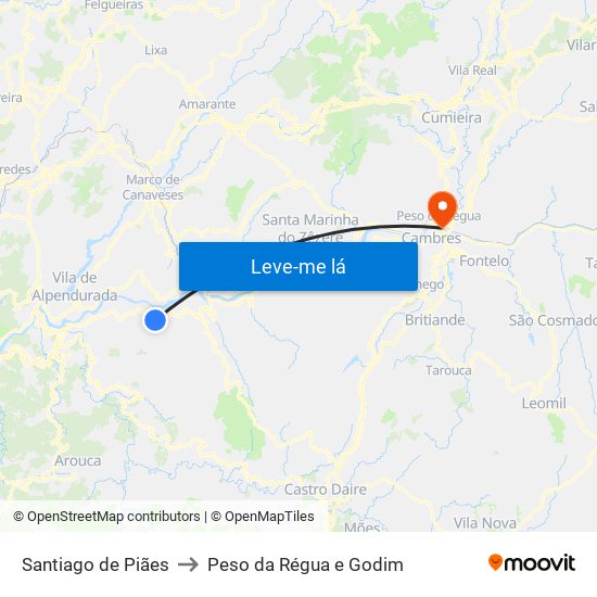 Santiago de Piães to Peso da Régua e Godim map