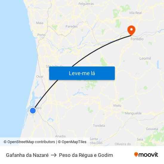 Gafanha da Nazaré to Peso da Régua e Godim map