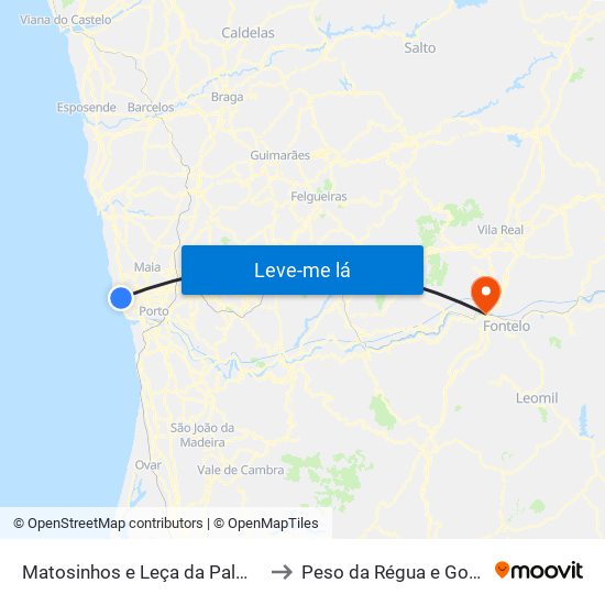 Matosinhos e Leça da Palmeira to Peso da Régua e Godim map