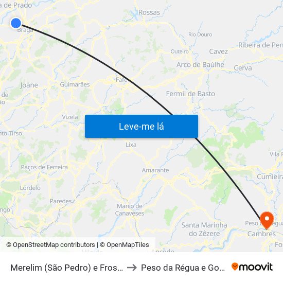 Merelim (São Pedro) e Frossos to Peso da Régua e Godim map