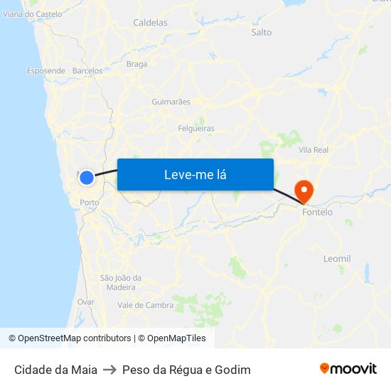 Cidade da Maia to Peso da Régua e Godim map