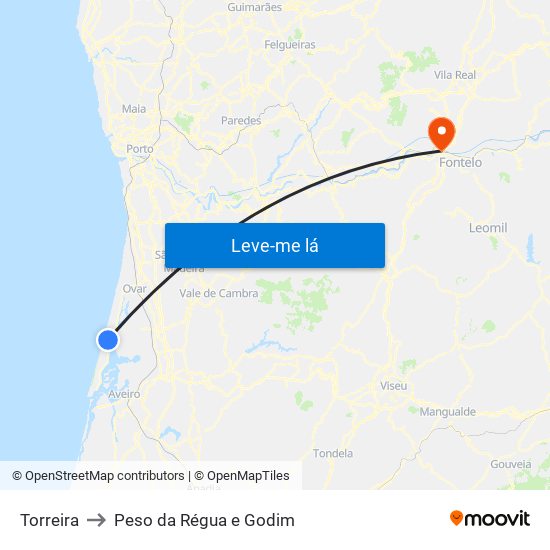 Torreira to Peso da Régua e Godim map