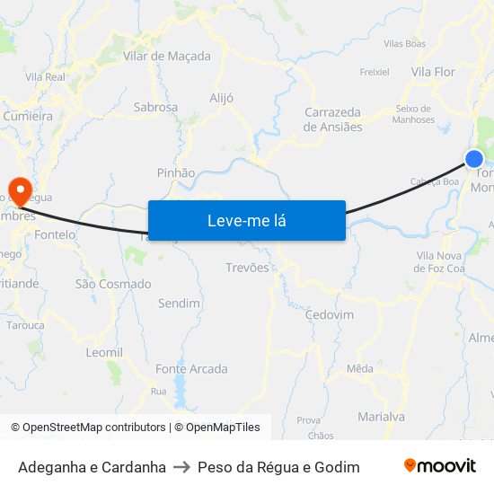 Adeganha e Cardanha to Peso da Régua e Godim map