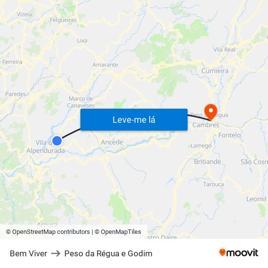 Bem Viver to Peso da Régua e Godim map