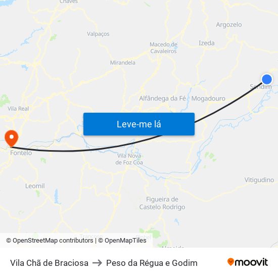 Vila Chã de Braciosa to Peso da Régua e Godim map