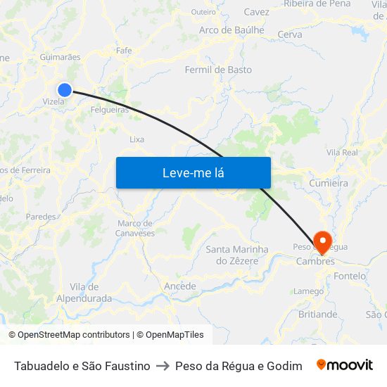 Tabuadelo e São Faustino to Peso da Régua e Godim map