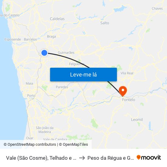 Vale (São Cosme), Telhado e Portela to Peso da Régua e Godim map