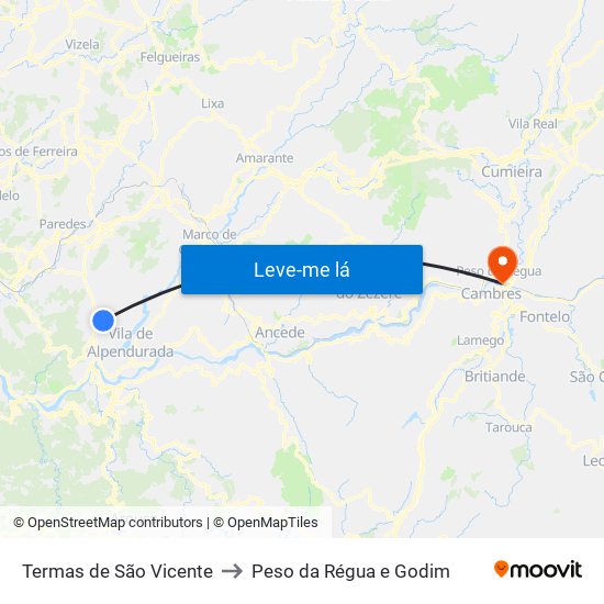 Termas de São Vicente to Peso da Régua e Godim map