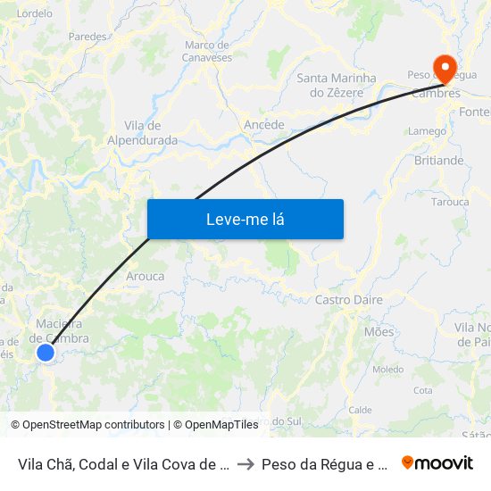 Vila Chã, Codal e Vila Cova de Perrinho to Peso da Régua e Godim map