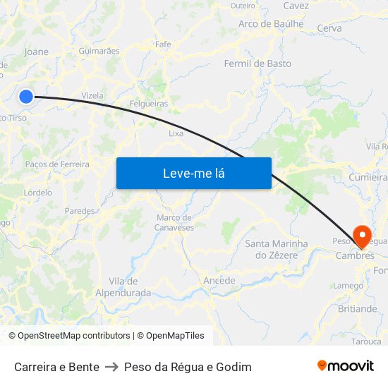 Carreira e Bente to Peso da Régua e Godim map