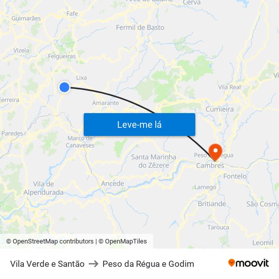 Vila Verde e Santão to Peso da Régua e Godim map