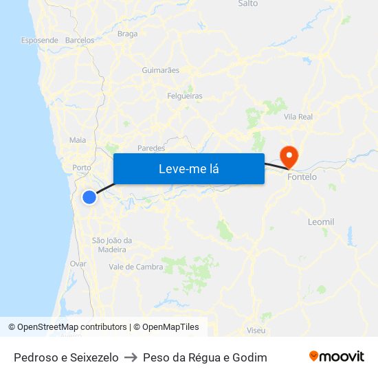 Pedroso e Seixezelo to Peso da Régua e Godim map