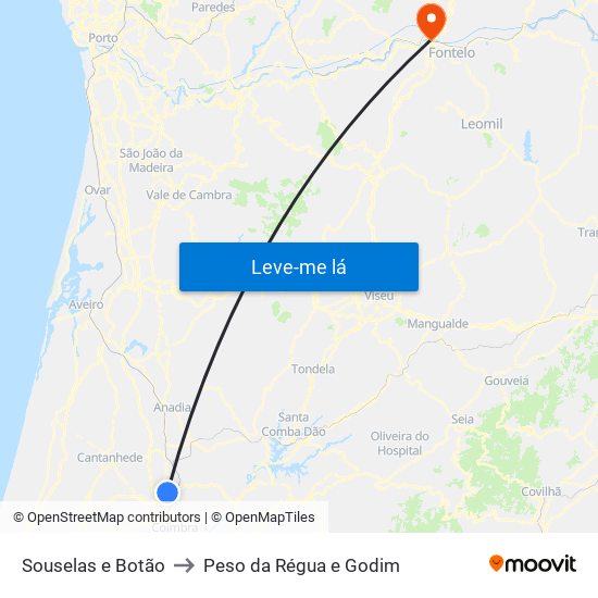 Souselas e Botão to Peso da Régua e Godim map