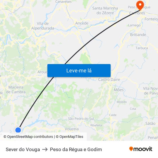 Sever do Vouga to Peso da Régua e Godim map