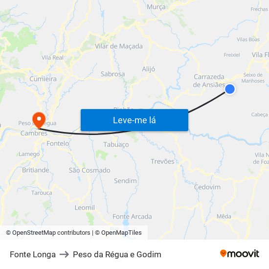 Fonte Longa to Peso da Régua e Godim map