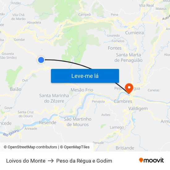 Loivos do Monte to Peso da Régua e Godim map