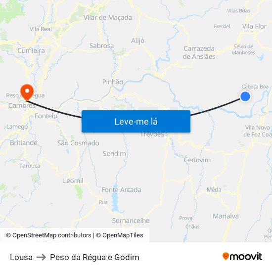 Lousa to Peso da Régua e Godim map