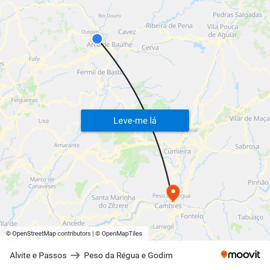 Alvite e Passos to Peso da Régua e Godim map