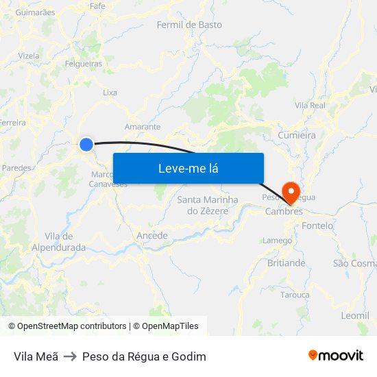 Vila Meã to Peso da Régua e Godim map