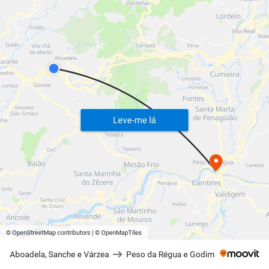 Aboadela, Sanche e Várzea to Peso da Régua e Godim map