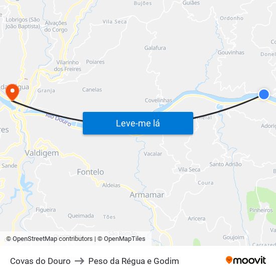 Covas do Douro to Peso da Régua e Godim map