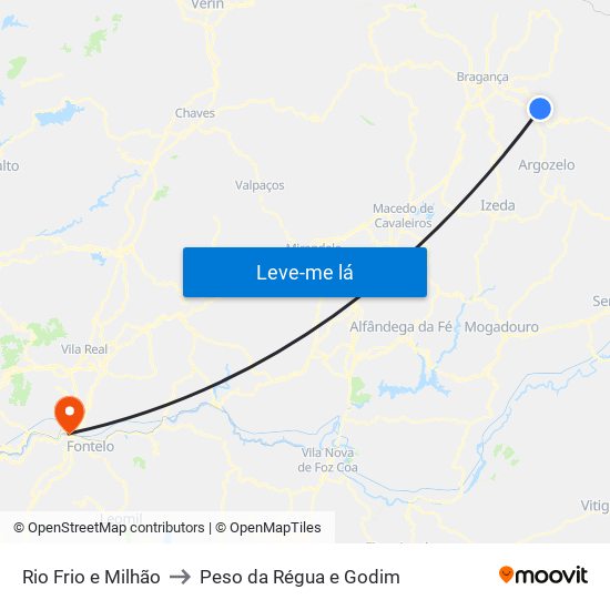 Rio Frio e Milhão to Peso da Régua e Godim map