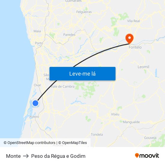 Monte to Peso da Régua e Godim map