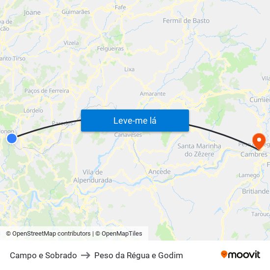 Campo e Sobrado to Peso da Régua e Godim map