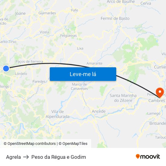 Agrela to Peso da Régua e Godim map