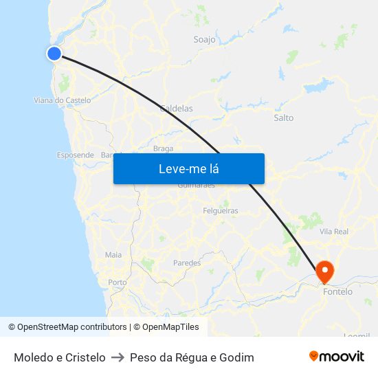 Moledo e Cristelo to Peso da Régua e Godim map