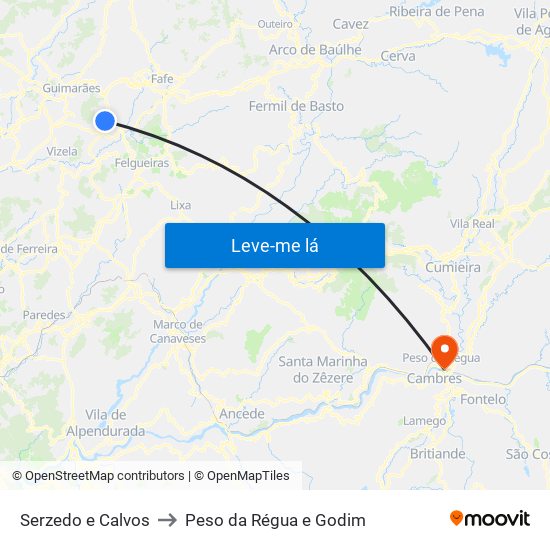 Serzedo e Calvos to Peso da Régua e Godim map