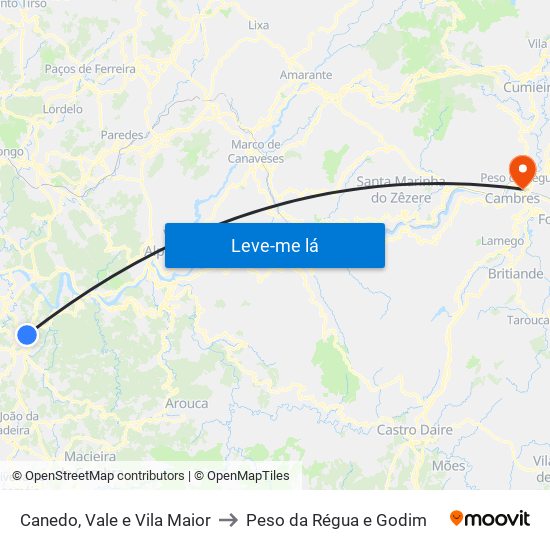 Canedo, Vale e Vila Maior to Peso da Régua e Godim map