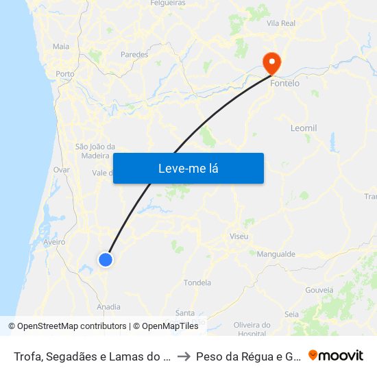 Trofa, Segadães e Lamas do Vouga to Peso da Régua e Godim map