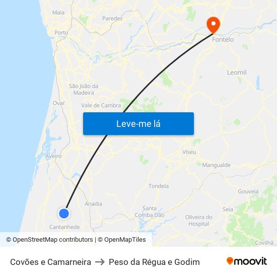 Covões e Camarneira to Peso da Régua e Godim map