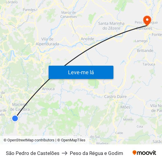 São Pedro de Castelões to Peso da Régua e Godim map