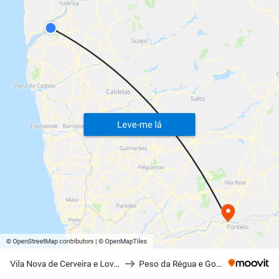 Vila Nova de Cerveira e Lovelhe to Peso da Régua e Godim map