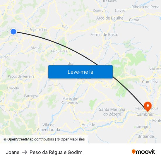 Joane to Peso da Régua e Godim map