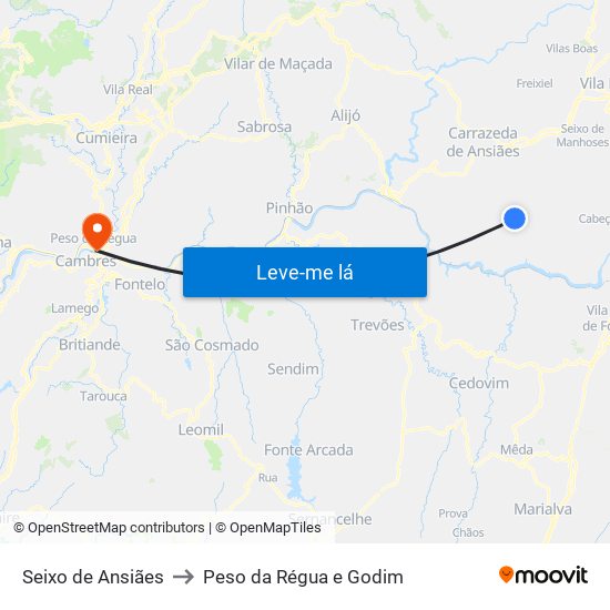 Seixo de Ansiães to Peso da Régua e Godim map