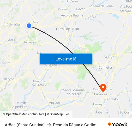 Arões (Santa Cristina) to Peso da Régua e Godim map
