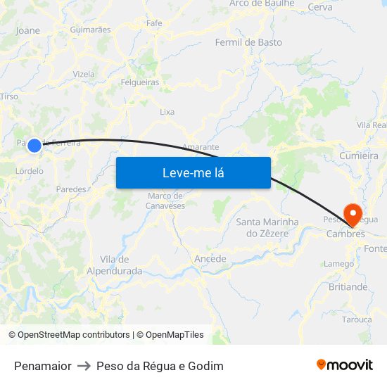 Penamaior to Peso da Régua e Godim map