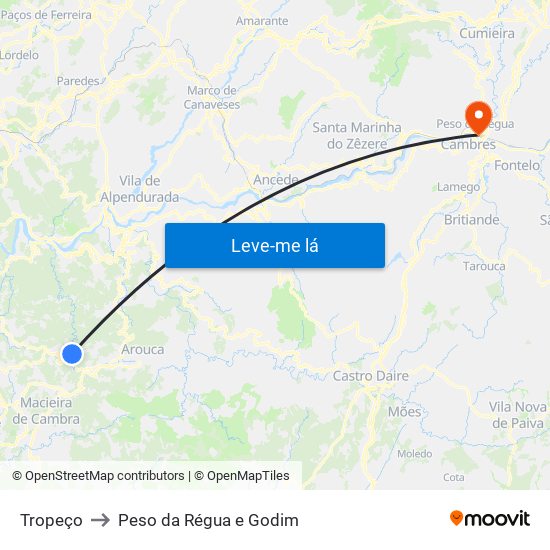 Tropeço to Peso da Régua e Godim map