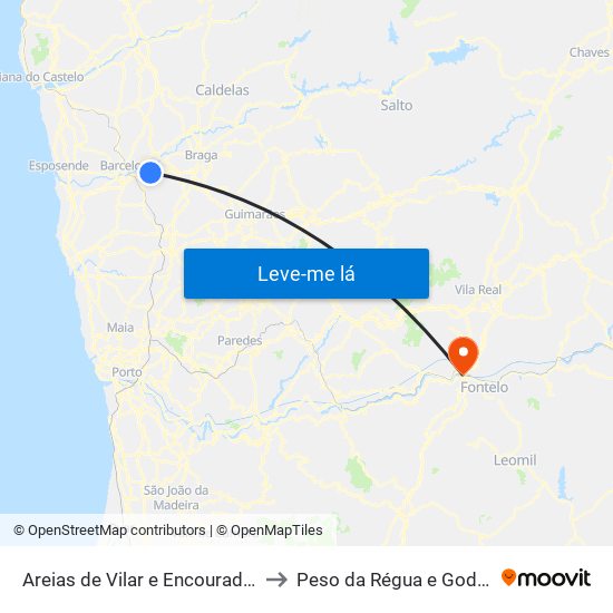 Areias de Vilar e Encourados to Peso da Régua e Godim map