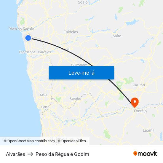 Alvarães to Peso da Régua e Godim map