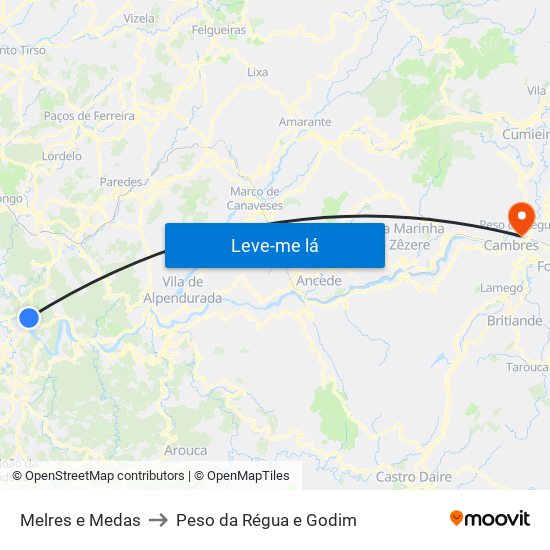 Melres e Medas to Peso da Régua e Godim map