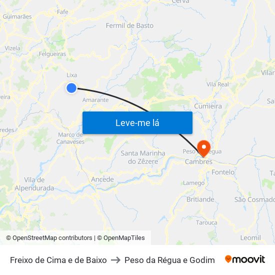 Freixo de Cima e de Baixo to Peso da Régua e Godim map