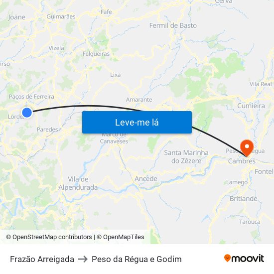 Frazão Arreigada to Peso da Régua e Godim map